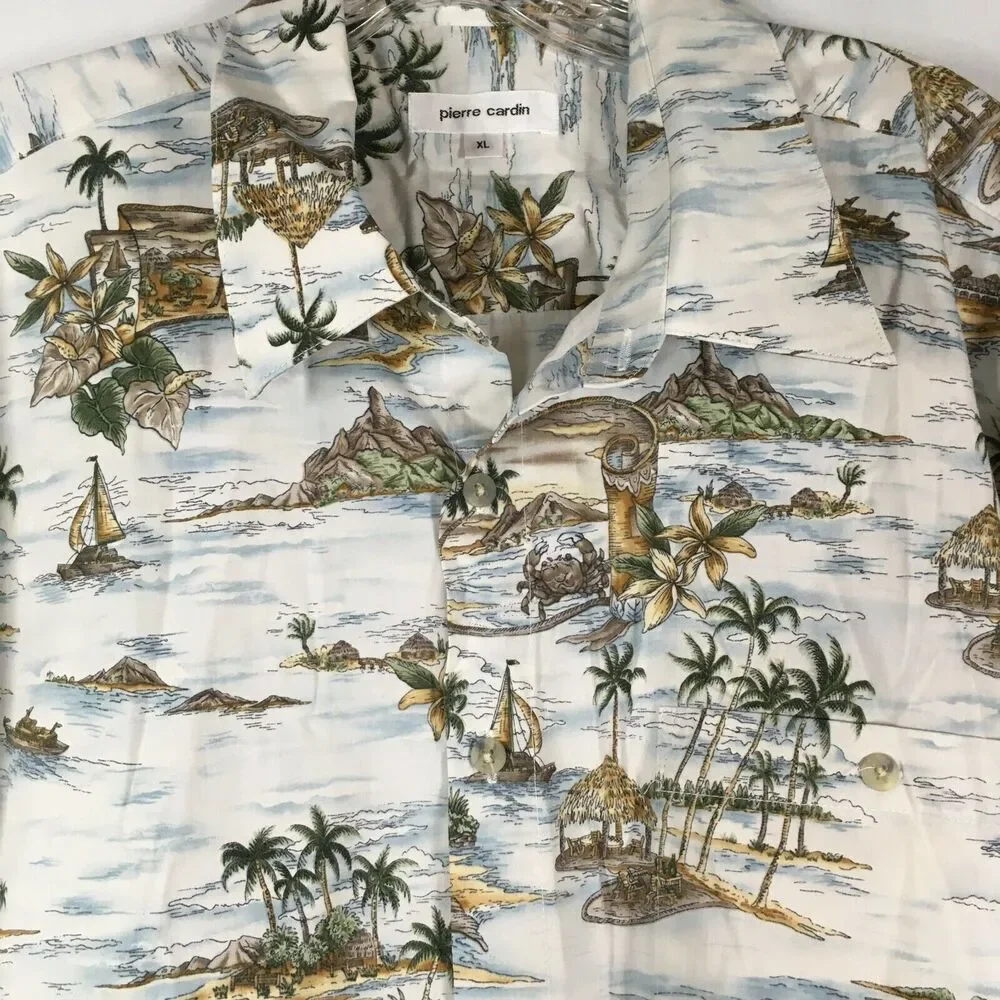 Pierre Cardin Shirt Mens Sz XL Beige Tropical Cotton Short Sleeve Button Up - Picture 2 of 9
